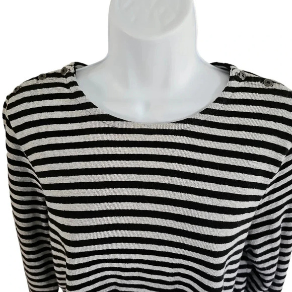 J. Jill Black Gray Striped Cotton Sweater Tunic Medium Button Shoulder Preppy - Picture 3 of 9